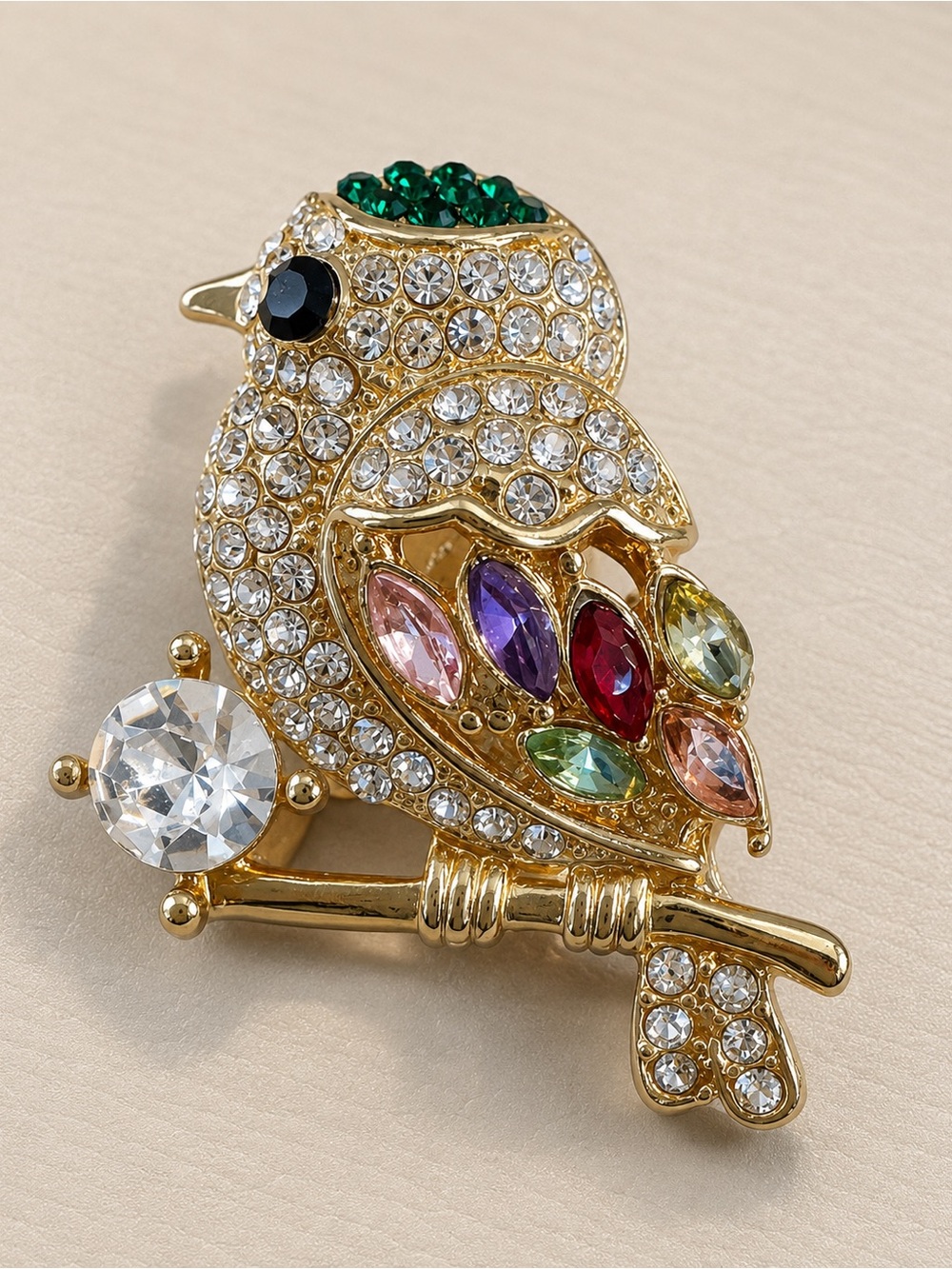 Rhinestone Multicolor Crystal Bird Brooch - Gold Tone